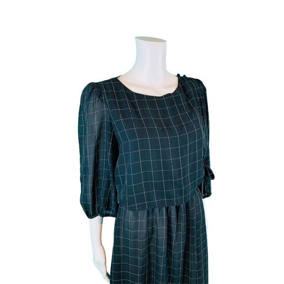 Vintage 80s Sheer Dress Womens Medium Black Windowpane Waist Tie - Picture 5 of 10